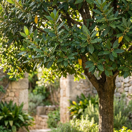 A Bay Tree - Laurus ‘Miles Choice’ with lush green foliage stands in a sunlit garden, framed by stone walls, an evergreen hedge, and vibrant background plants.