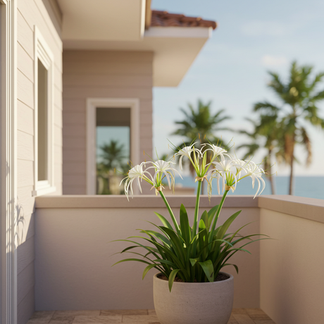 The Beach Spider Lily (Hymenocallis littoralis) adds an exotic touch to your balcony, set against palm trees and the ocean—perfect for enhancing any coastal retreat with elegant, tropical flowers.