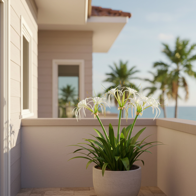 The Beach Spider Lily (Hymenocallis littoralis) adds an exotic touch to your balcony, set against palm trees and the ocean—perfect for enhancing any coastal retreat with elegant, tropical flowers.