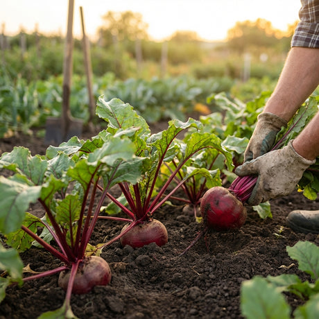A person harvesting Beetroot Detroit (Beta vulgaris) in a garden at sunset, wearing gloves and surrounded by lush green plants with deep red roots.