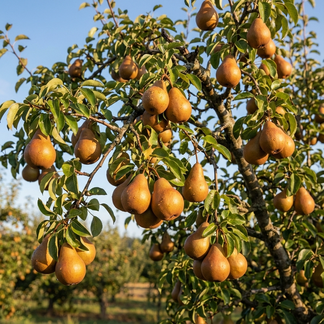 A Pyrus communis 'Beurre Bosc' (Beurre Bosc Pear) tree with clusters of ripe, premium-quality pears hanging from its branches on a sunny day.