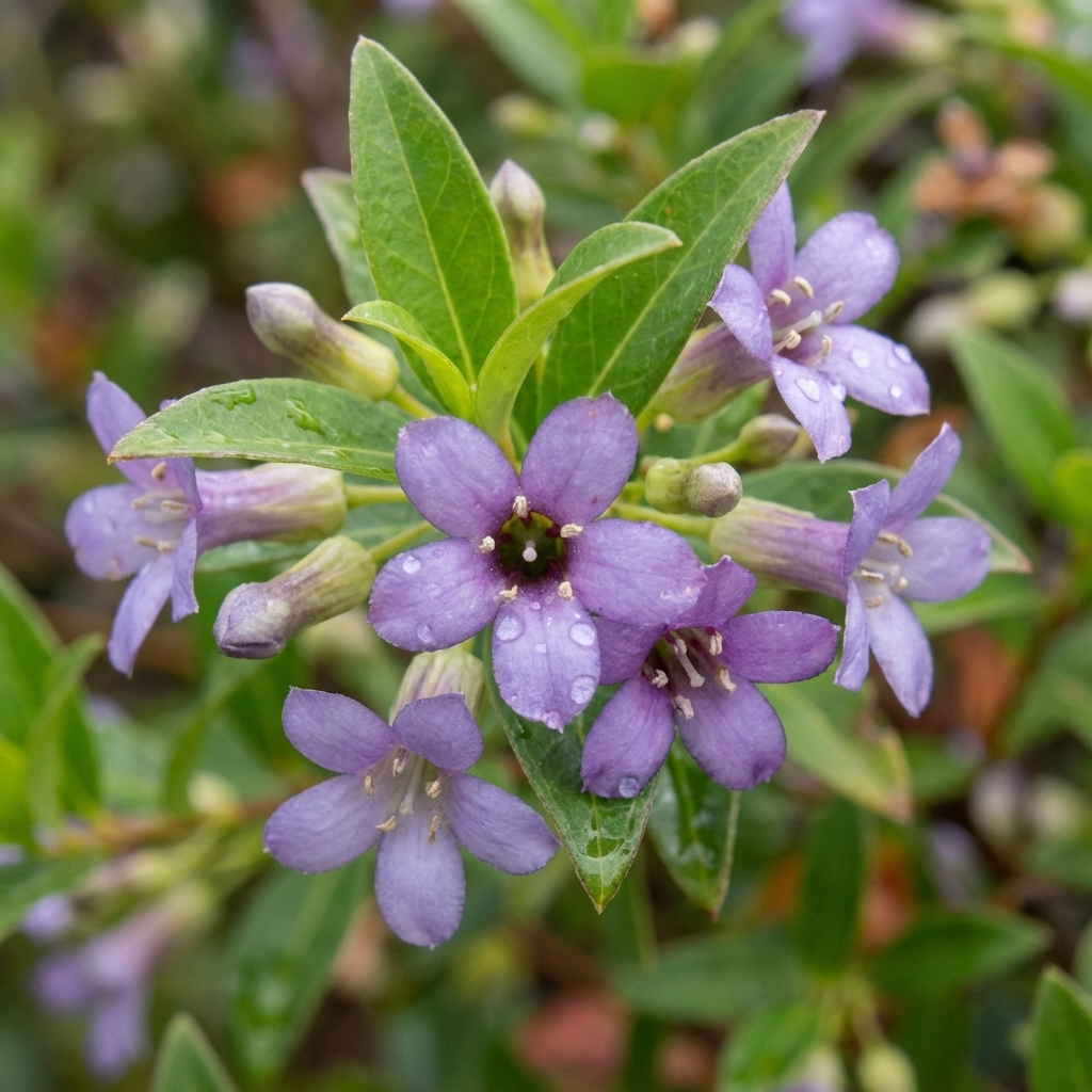 Purple flowers with raindrops on their petals, surrounded by green leaves and buds, belong to the Australian native climber Billardiera cymosa (Sweet Appleberry), which also produces edible berries.