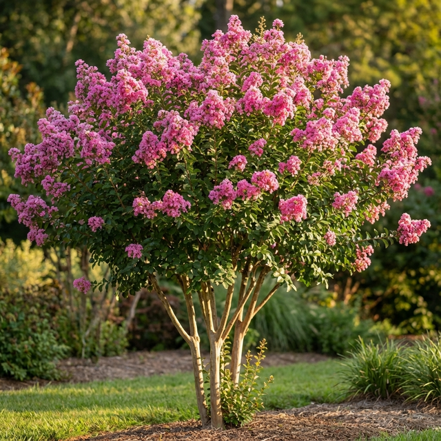 The Biloxi Crepe Myrtle (Lagerstroemia ‘Biloxi’) shows off bright pink blooms in a landscaped garden on a sunny day.