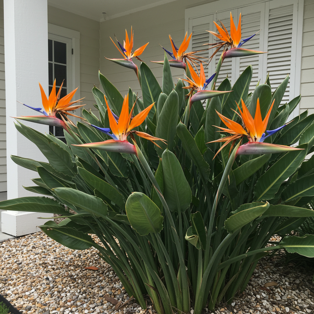 The drought-tolerant Bird of Paradise - Strelitzia reginae, featuring striking orange and blue flowers, is placed beside a house with white walls and shutters.