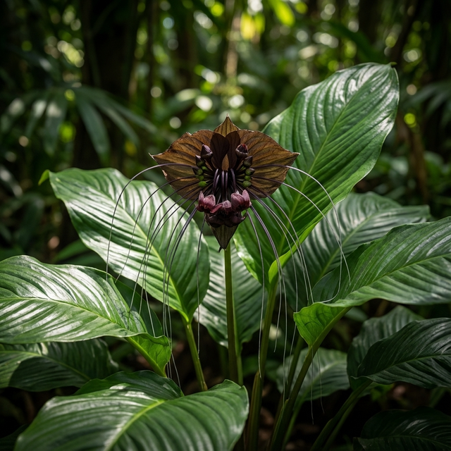 The Black Bat Plant (Tacca chantrieri) features long whiskers and dramatic black blooms among lush green leaves, making this exotic tropical plant a truly striking addition to any indoor or outdoor garden.