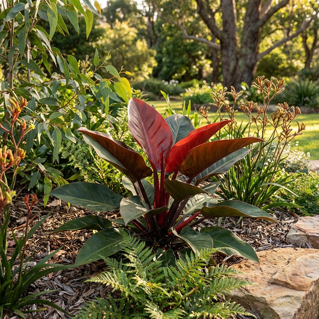The Black Cardinal Philodendron (Philodendron Black Cardinal) features striking red-black leaves and thrives with minimal care, making it a perfect plant to add bold color and elegance to any indoor or outdoor space.