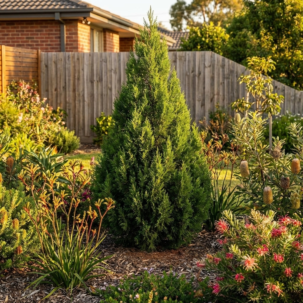 A lush Black Cypress Pine (Callitris endlicheri), a drought-tolerant Australian native conifer, stands in a well-kept garden with flowers and a wooden fence in the background.