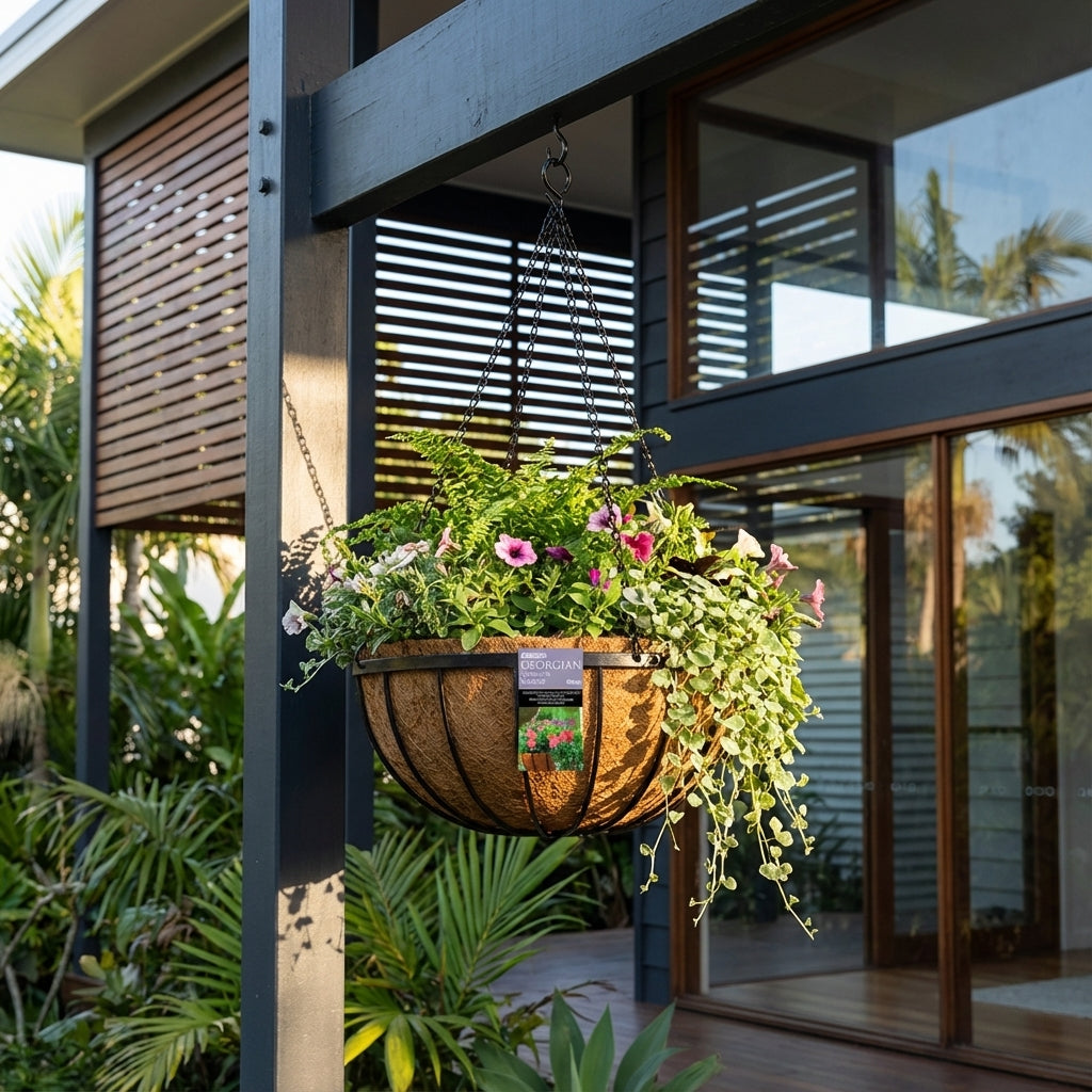 The Black Georgian Hanging Basket, available in various sizes, features a crackle black finish and displays colorful flowers and greenery outside a modern house with large windows and wooden accents.