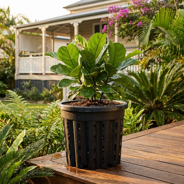 A fiddle-leaf fig in a Black Growers Water Planter (available in various sizes) sits on a wooden deck, with a house and garden in the background.