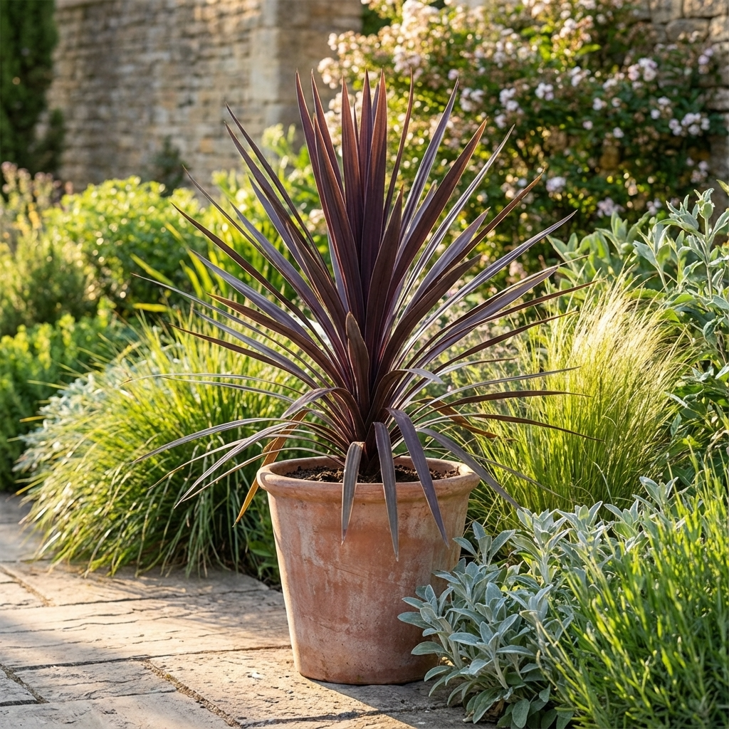 A Black Knight Cordyline (Cordyline australis 'Black Knight') with bold black-purple foliage sits in a pot on a stone patio, surrounded by vibrant green garden plants.