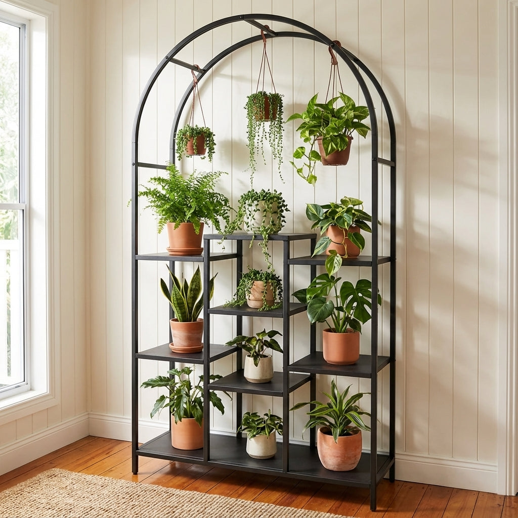 The Black Mona Arched Metal Plant Stand displays various potted houseplants, including some hanging, by a sunlit window in a cozy room.