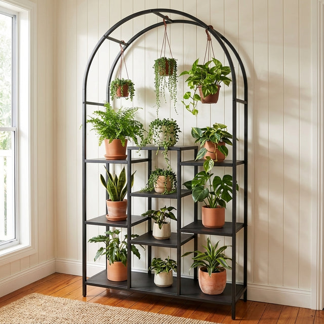 The Black Mona Arched Metal Plant Stand displays various potted houseplants, including some hanging, by a sunlit window in a cozy room.