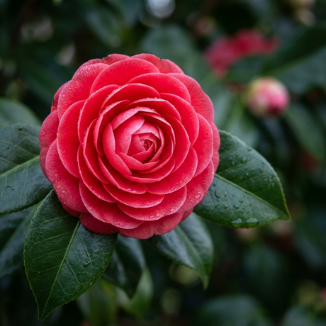 A pink camellia flower blooms with green leaves and water droplets on its petals, making this evergreen shrub stand out among red flowers like the Camellia japonica 'Black Tie' (Black Tie Camellia).
