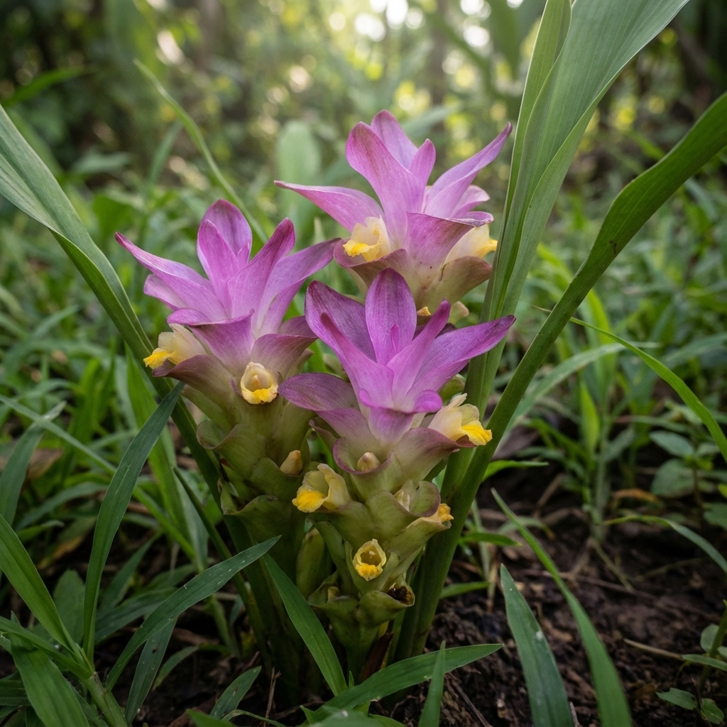 A cluster of vibrant Black Turmeric (Curcuma caesia) flowers bloom among lush green grass, their striking pink and yellow hues adding color to the tropical garden alongside ornamental ginger.