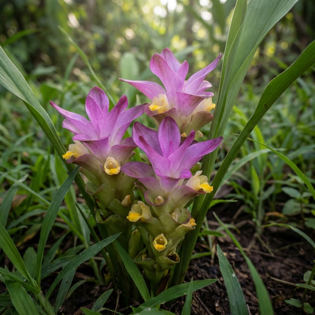 A cluster of vibrant Black Turmeric (Curcuma caesia) flowers bloom among lush green grass, their striking pink and yellow hues adding color to the tropical garden alongside ornamental ginger.