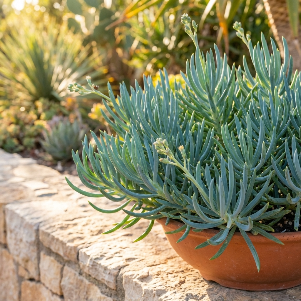 A drought-tolerant Blue Chalk Sticks (Senecio mandraliscae) succulent in a terracotta pot sits on a stone wall under bright sunlight.