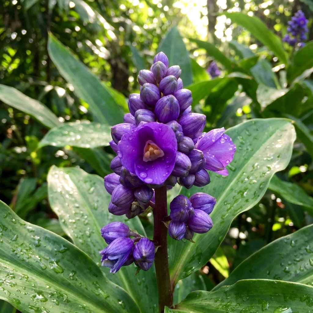Close-up of Blue Ginger - Dichorisandra thyrsiflora, featuring a purple flower adorned with raindrops on its petals and lush tropical foliage in the background.