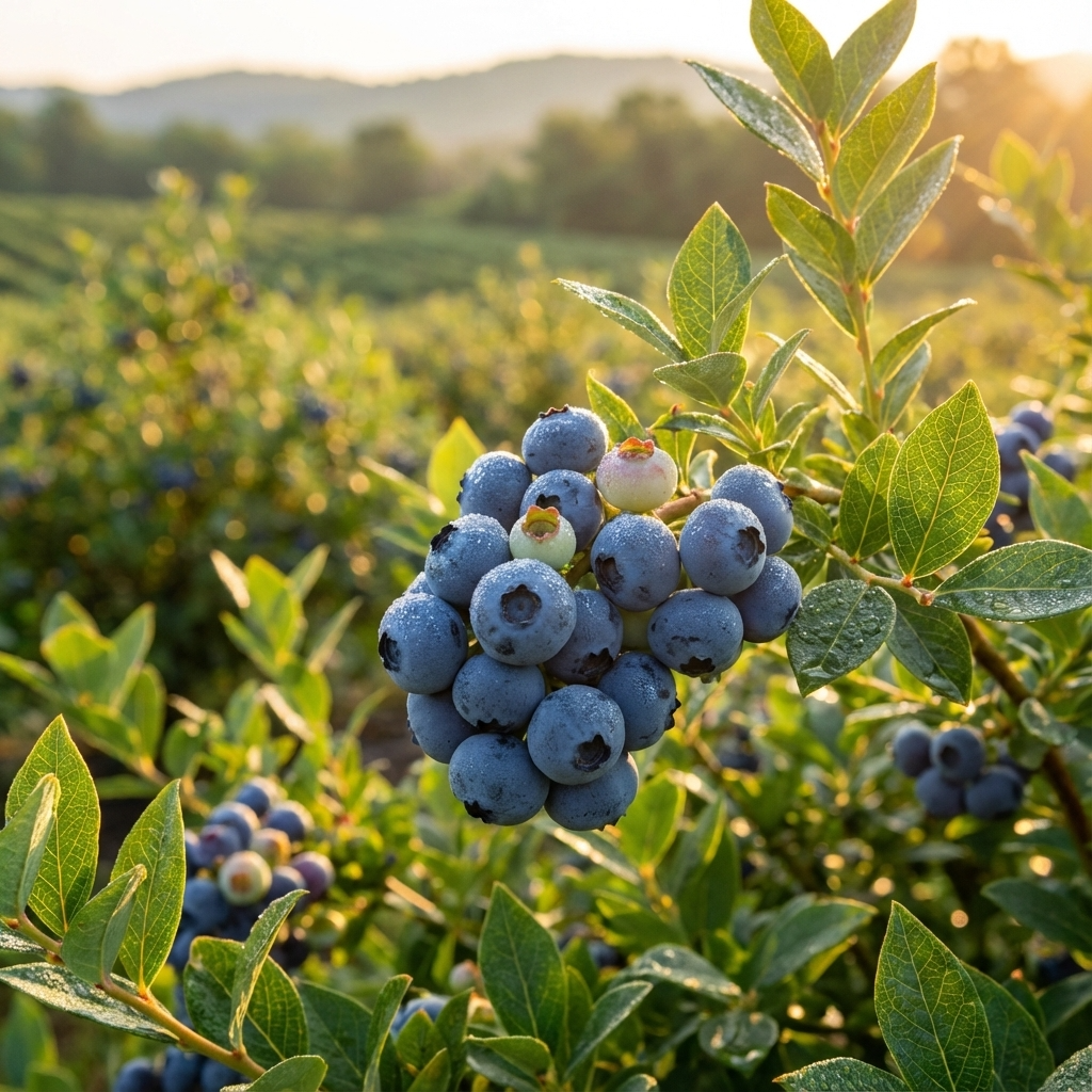 A cluster of ripe, heat-tolerant Blueberry ‘Premier’ (Vaccinium ashei ‘Premier’) fruits on a bush, with morning sunlight shining over a green field in the background.