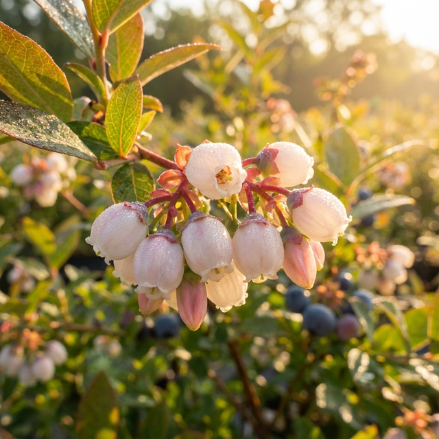 Close-up of dewy Blueberry ‘Sunshine Blue’ (Vaccinium corymbosum ‘Sunshine Blue’) blossoms on a sunlit bush in a garden or field.