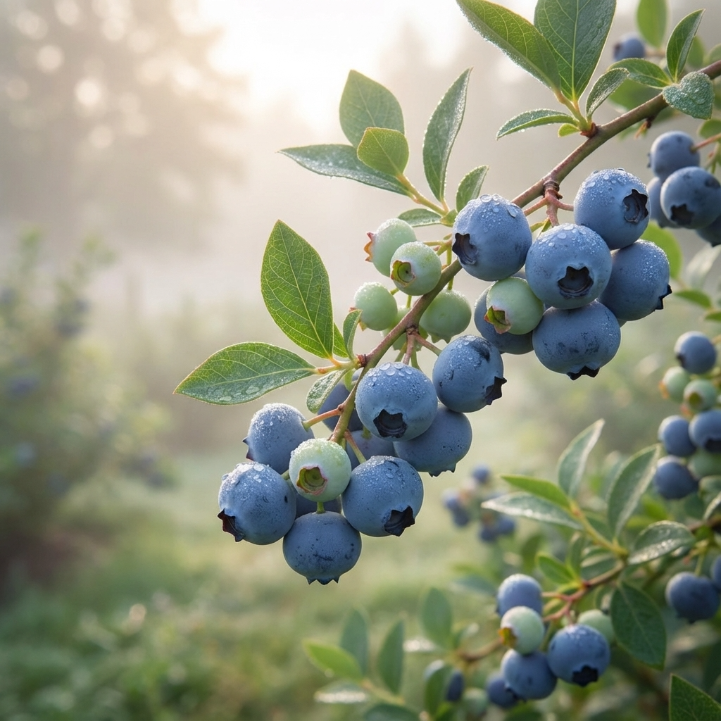 Blueberry ‘Misty’ (Vaccinium corymbosum hybrid) fruit with water droplets growing on a branch in a misty garden.