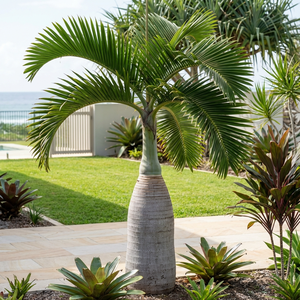 The Bottle Palm - Hyophorbe lagenicaulis, a low-maintenance plant with a thick trunk, adds tropical flair among garden greenery by the ocean.