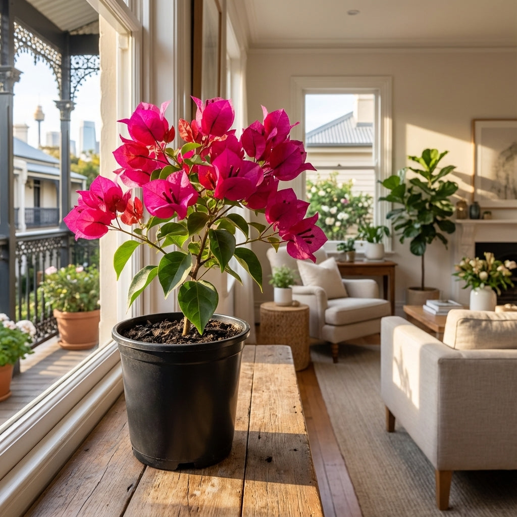 The Bougainvillea ‘Red Dragon’ (Bougainvillea spp.) with vibrant red blooms sits on a wooden table in a bright, modern living room.