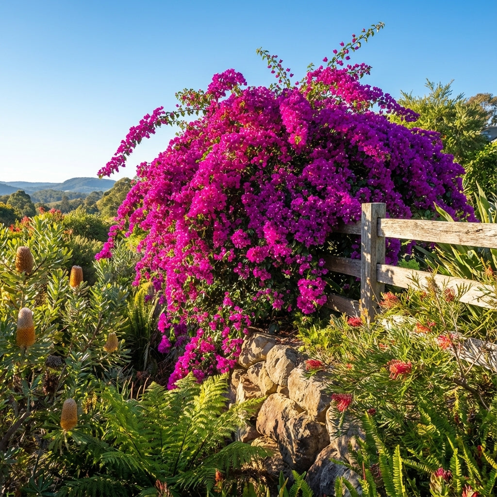 Bougainvillea ‘Smarty Pants’ (Bougainvillea spp.), a compact, drought-tolerant plant, displays vibrant purple flowers beside a wooden fence in a sunny garden.