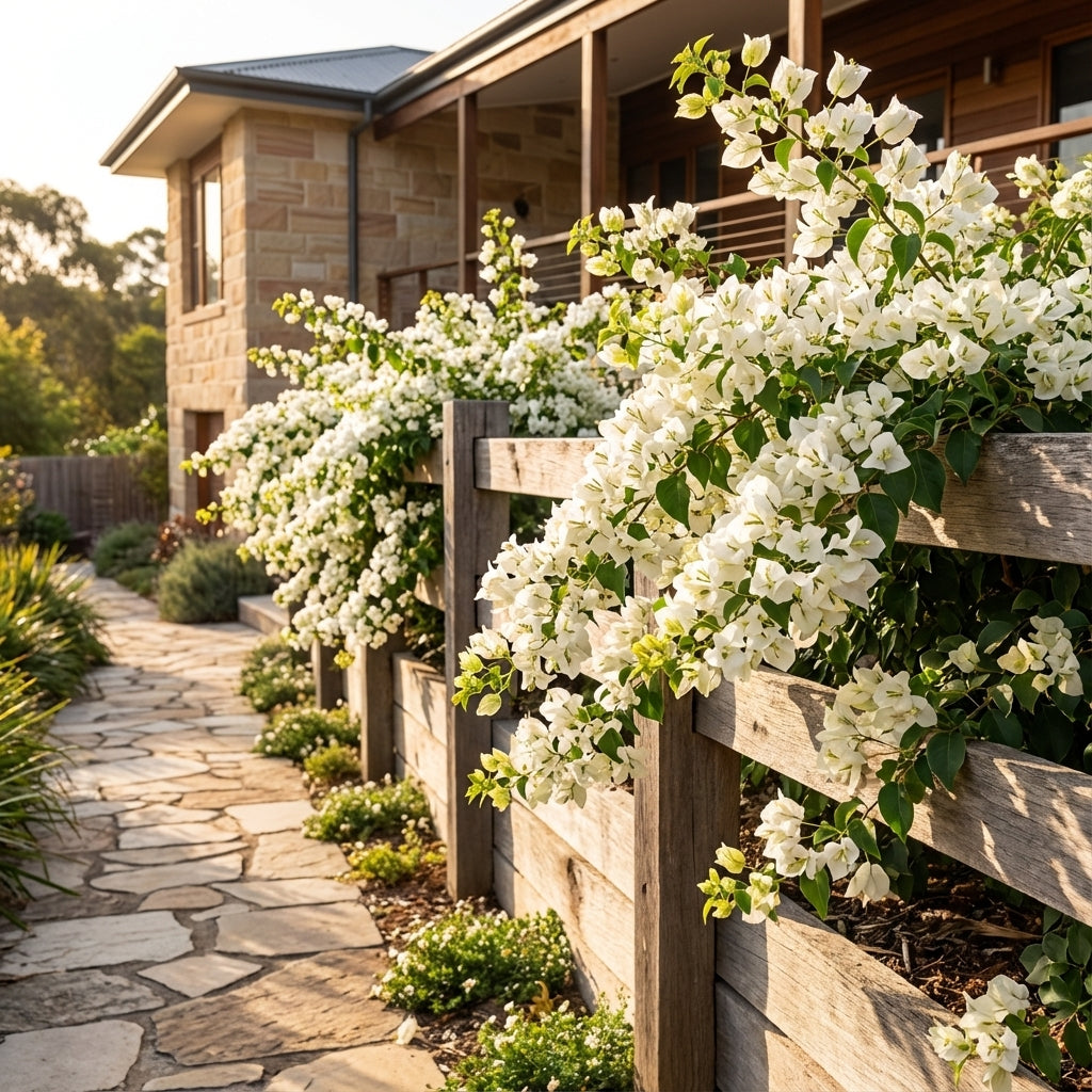 Bougainvillea ‘White Cascade’ (Bougainvillea spp.) displays its white blooms spilling over a wooden fence beside a sunlit stone path by a house.