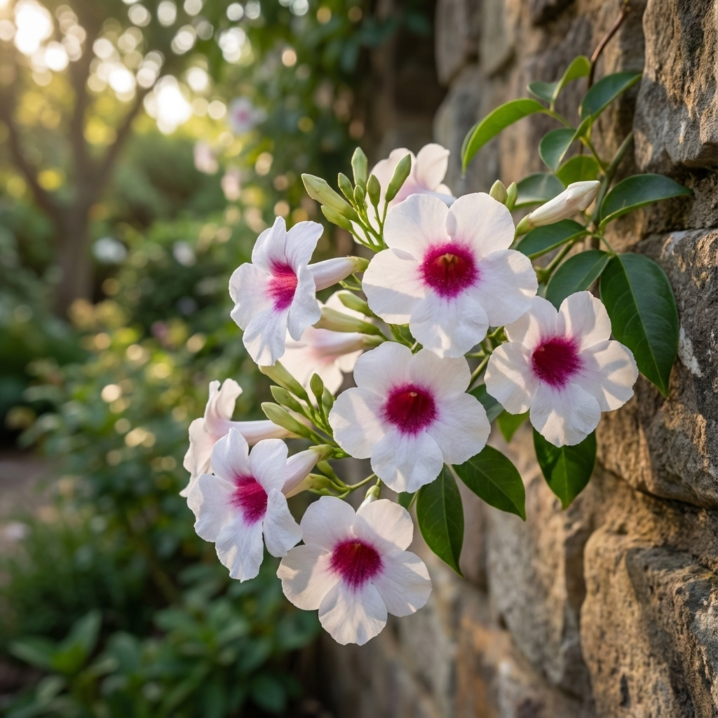 Sunlit garden scene with Bower Vine (Pandorea jasminoides), an evergreen climber, displaying clusters of white trumpet flowers with pink centers along a stone wall.