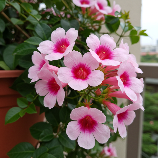 A Bower of Beauty Pandorea (Pandorea jasminoides 'Bower of Beauty') climbs in a pot on a balcony, its pink trumpet flowers with dark pink centers surrounded by lush green leaves.