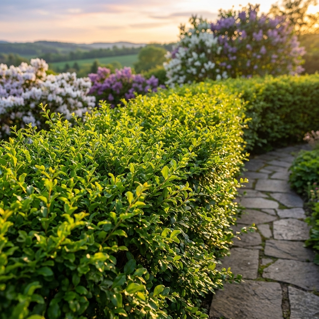 A stone path curves beside neatly trimmed bushes and blooming flowers, with a Box-Leaved Privet (Ligustrum undulatum) evergreen hedge providing privacy screening in the sunny garden landscape.