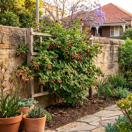 A Boysenberry (Rubus ursinus × Rubus idaeus) bush heavy with ripe fruit thrives by a stone wall in a bright garden, offering home gardeners plentiful harvests while other potted plants grow nearby.