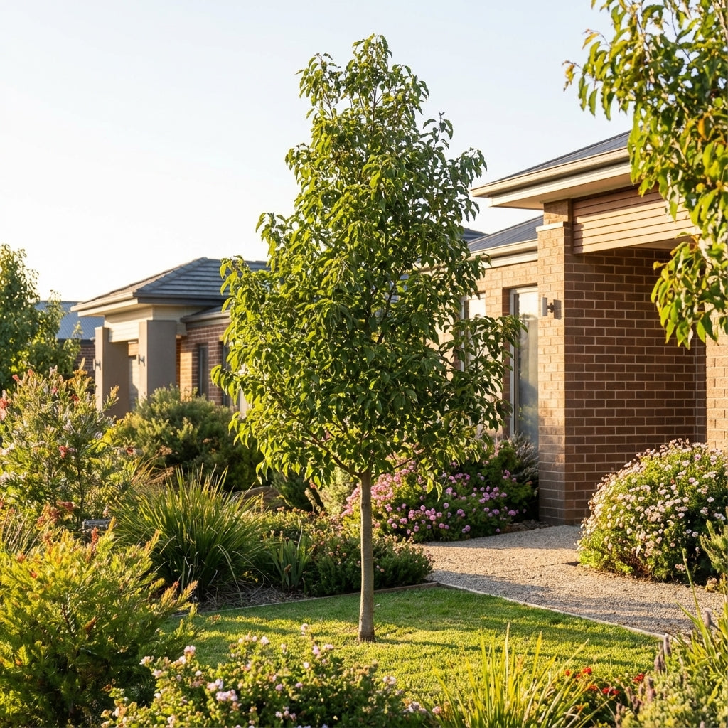 A Brachychiton 'Bella Pink' young tree and a lush garden bloom in front of a modern brick house on a sunny day.