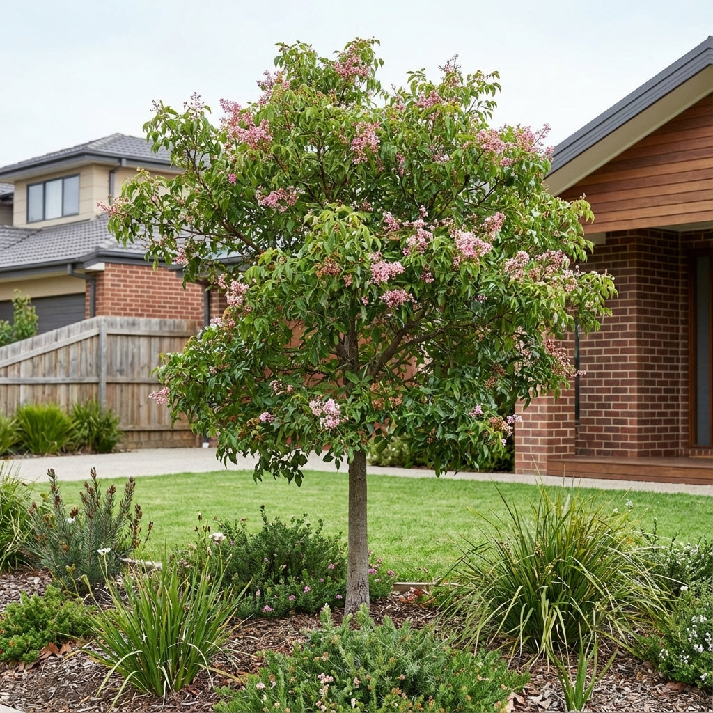 A Brachychiton ‘Griffith Pink’ tree, an Australian native, enhances a suburban front yard with vivid pink flowers, set against the backdrop of nearby houses.
