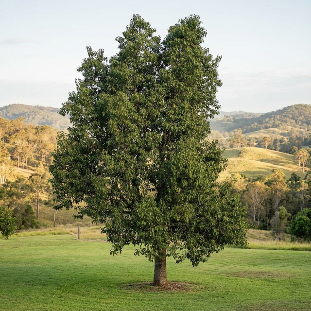 A single Kurrajong Tree (Brachychiton populneus) stands lush and green in a grassy field, with rolling hills in the background.