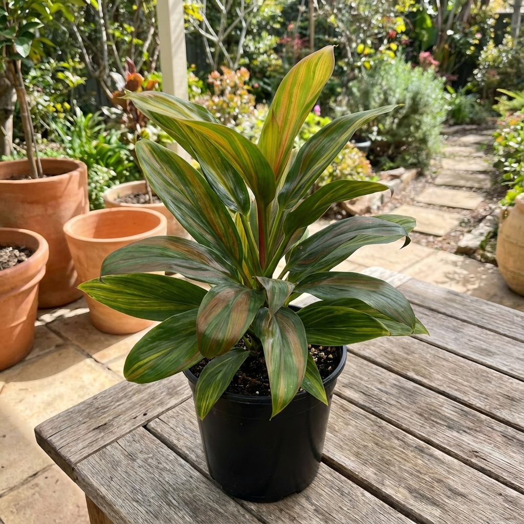 A Brandy Lime Cordyline - Cordyline fruticosa 'Brandy Lime', a low-maintenance tropical plant with green and reddish leaves, sits on a wooden table in a sunny garden.