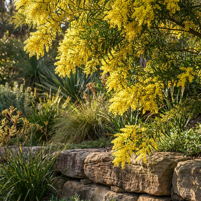 Brisbane Golden Wattle - Acacia fimbriata displays bright yellow golden blooms above a stone wall in a sunlit garden, with lush green foliage from this fast-growing native tree.