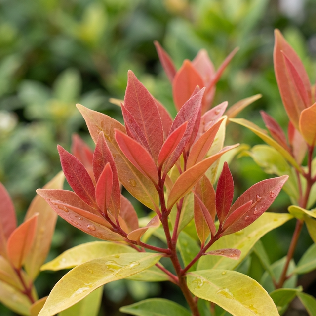 Close-up of young reddish-orange and yellow leaves of the Broad Leaved Lilly Pilly (Syzygium hemilamprum), dotted with water droplets against green foliage—an excellent privacy hedge that bears edible pink berries.