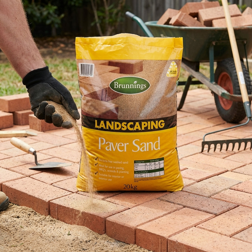 A person pours Brunnings 20kg Landscape Paver Sand onto laid bricks during a garden landscaping project.