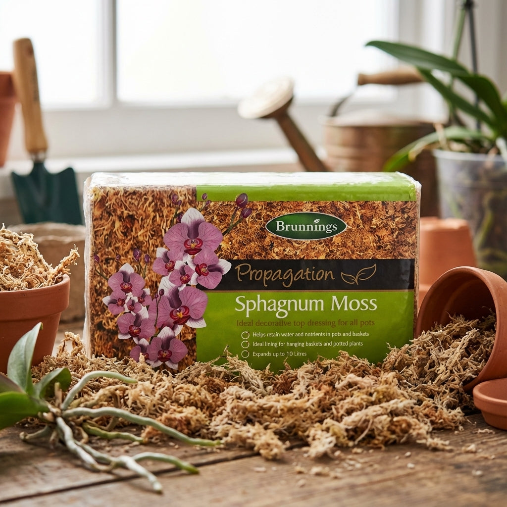 A Brunnings Sphagnum Moss Block with loose moss, orchid flowers, and gardening tools—perfect for basket lining and excellent moisture retention.