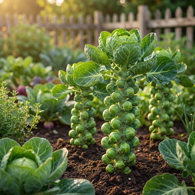 Brussels Sprouts Long Island Improved (Brassica oleracea gemmifera), a cold-tolerant variety, grows in a sunny garden with a wooden fence in the background.