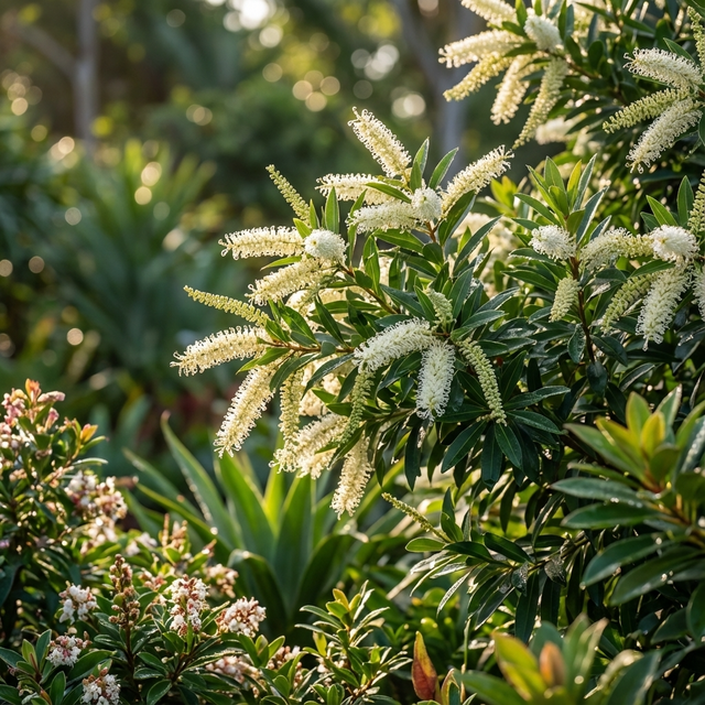 Clusters of white flowers from the Ivory Curl Tree (Buckinghamia celsissima), an Australian native, brighten green leafy bushes in a sunlit garden.