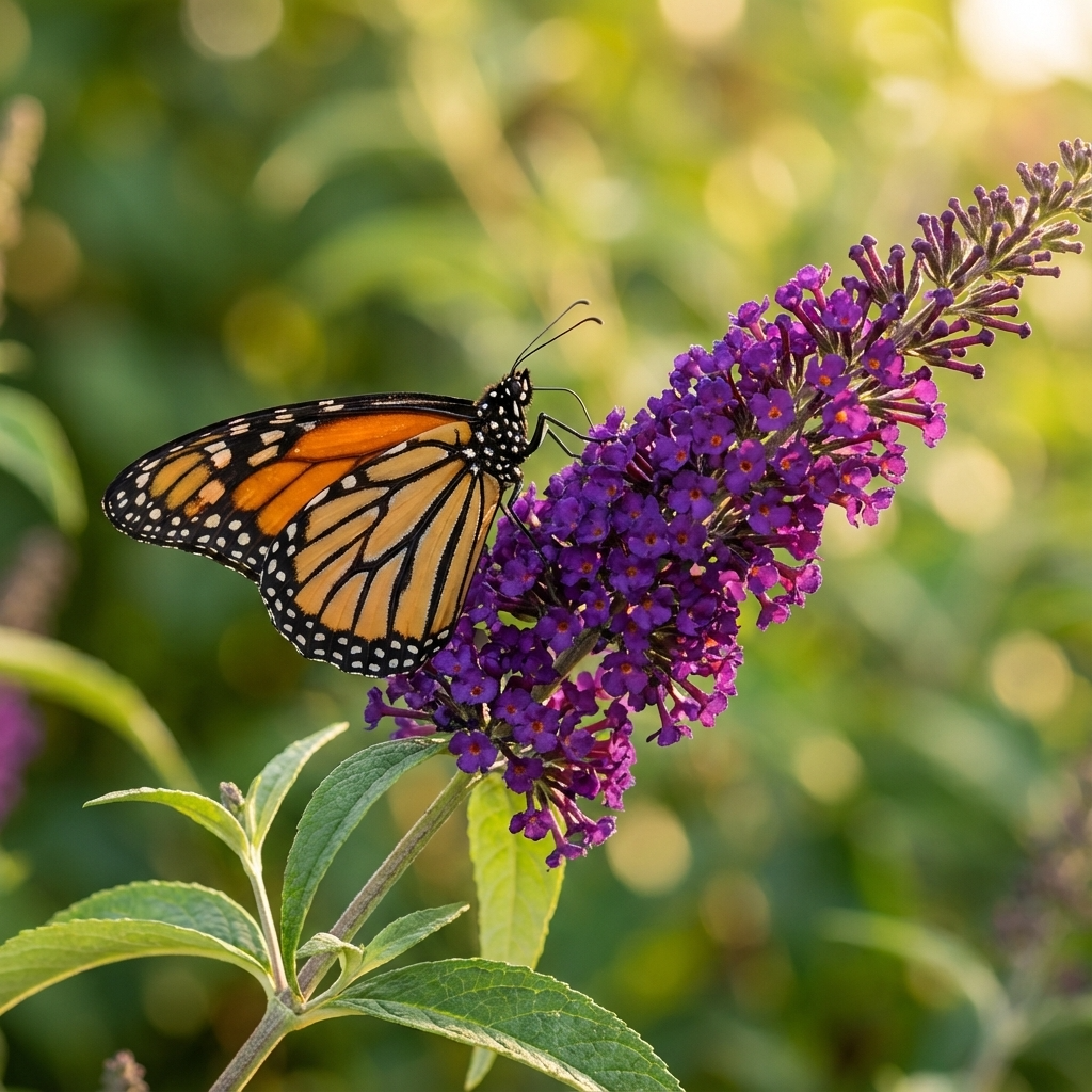 A monarch butterfly rests on the Buddleia ‘Black Knight’ (Buddleja davidii ‘Black Knight’), a purple flowering shrub with lush green foliage, renowned for attracting butterflies.