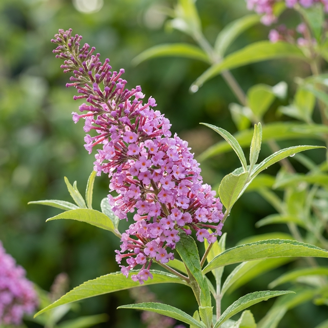 Clusters of small pink flowers bloom on the Buddleia ‘Pink Delight’ (Buddleja davidii ‘Pink Delight’), a pollinator favorite, surrounded by green leaves.
