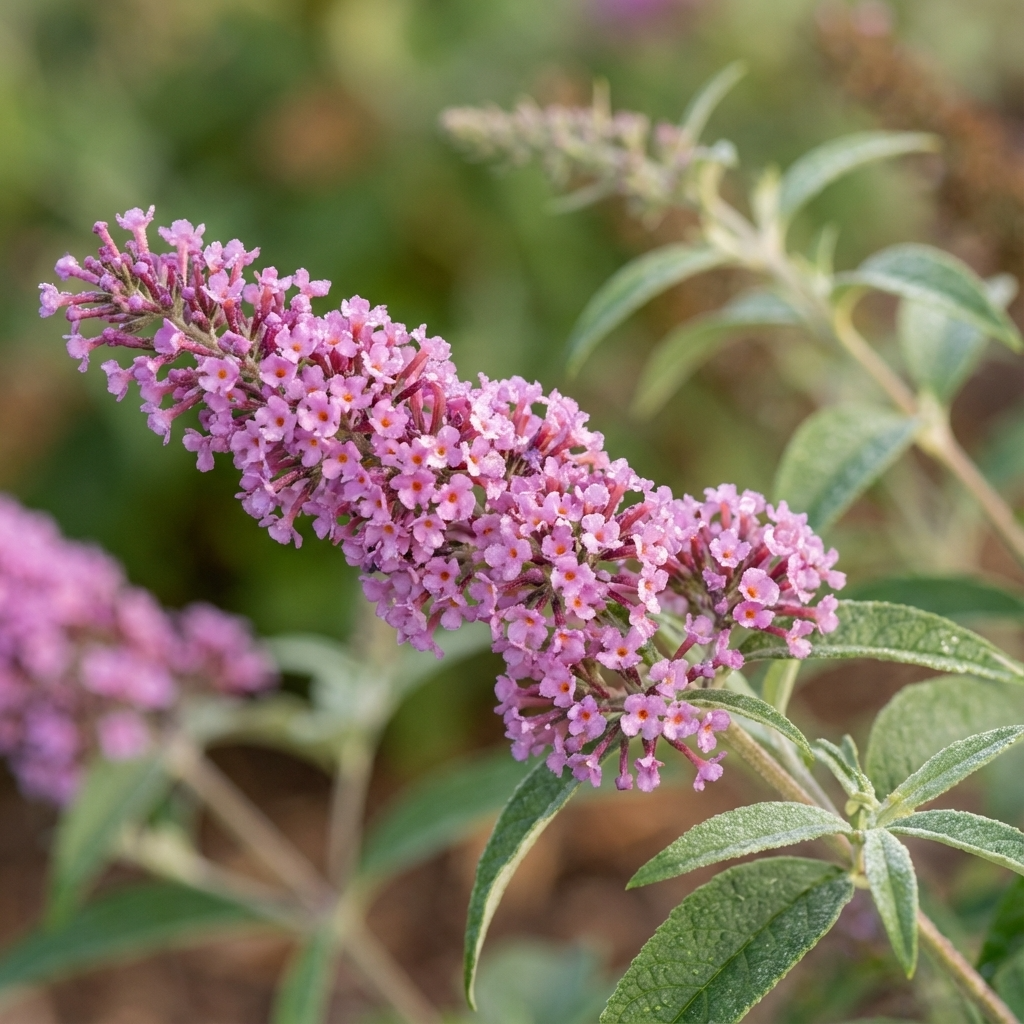 A close-up of Buddleia ‘Pink Micro Chip’ (Buddleja hybrid ‘Pink Micro Chip’) displays its cluster of small, pinkish-purple flowers and green leaves, highlighting this pollinator-friendly plant in full bloom.