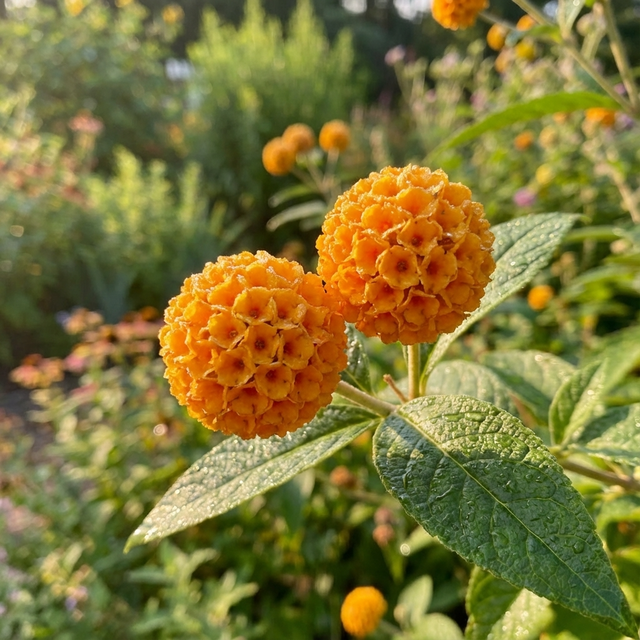 Two round clusters of small orange flowers on leafy green stems from the pollinator-friendly Buddleia globosa - Orange Ball Tree brighten a sunlit garden setting.