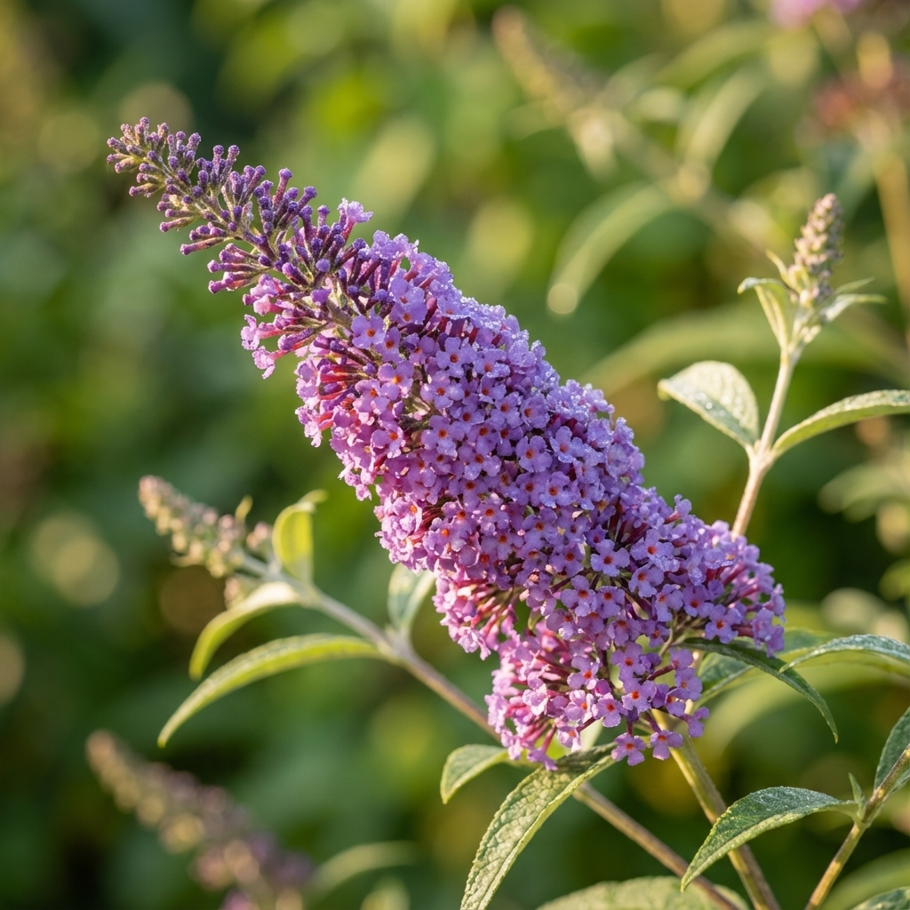 Buddleia ‘Joan’ (Buddleja davidii ‘Joan’) features magenta-purple flower clusters and green leaves, shown in sunlight with a blurred background; an eye-catching pollinator plant that draws butterflies.