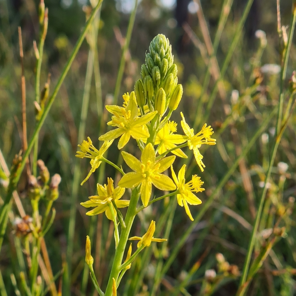 A close-up of Native Leek (Bulbine bulbosa), showing a cluster of small yellow flowers and green buds set against a blurred grassy background.