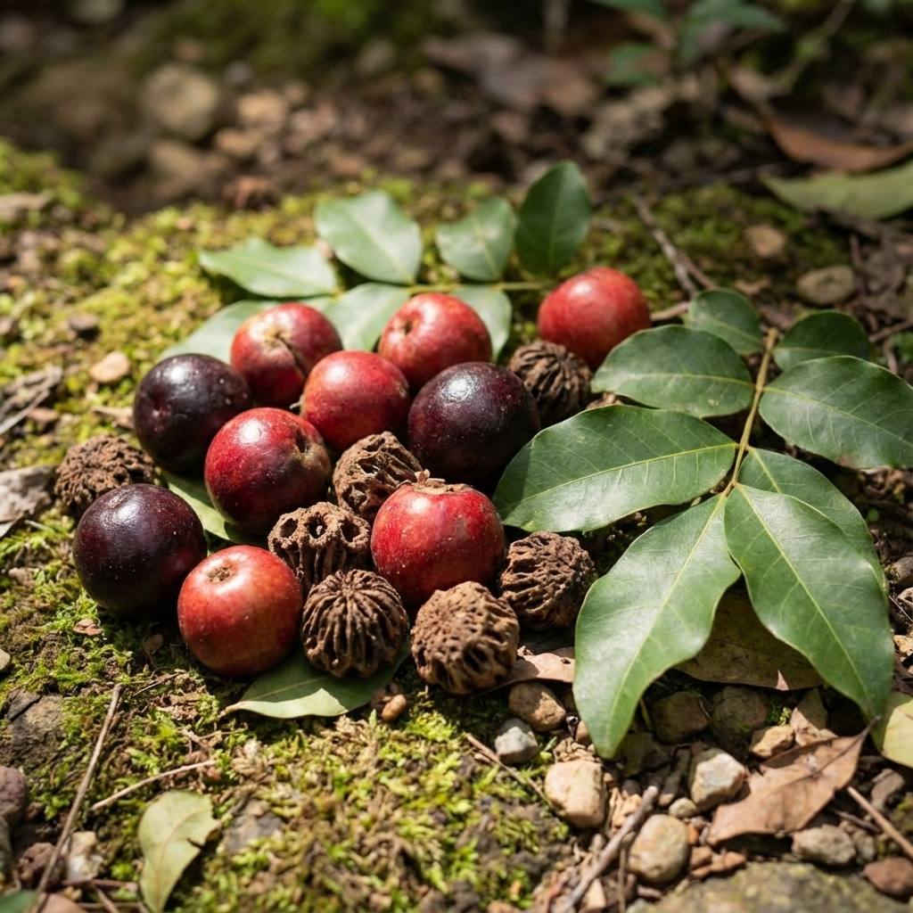 Burdekin Plum (Pleiogynium timoriense): Small red and purple fruits with round brown seeds and green leaves, found on a mossy Australian rainforest floor among scattered rocks.