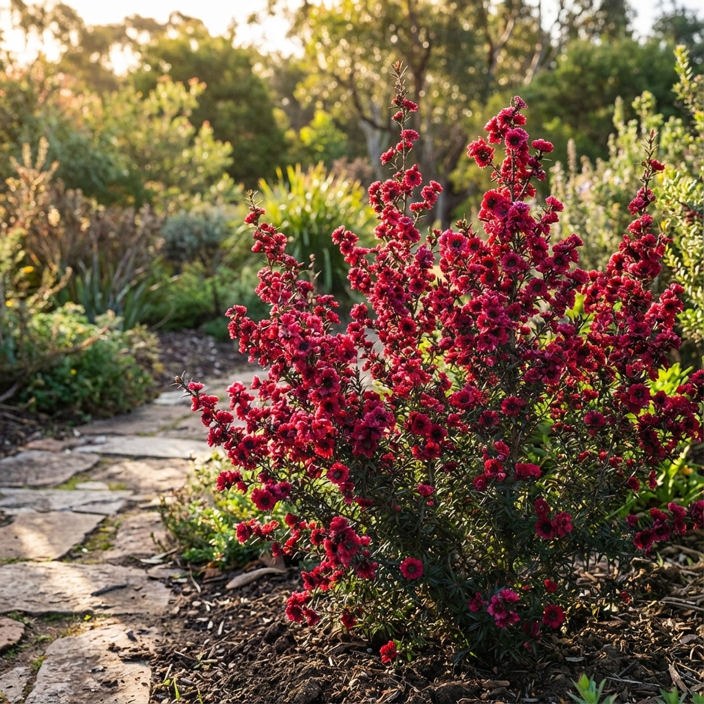 A Burgundy Queen Tea Tree - Leptospermum scoparium 'Burgundy Queen', an evergreen shrub with vibrant red flowers, grows by a stone path in a sunlit garden.